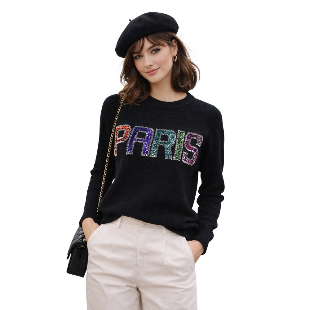 Vintage Black Sequins Paris Embellished Crew Neck Long Sleeve Sweater Women